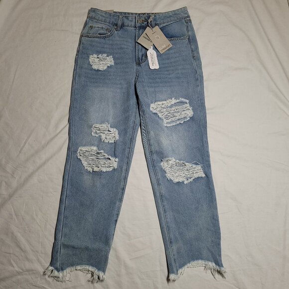 New High Rise Straight Leg Distressed Jeans Slim Fit Recycled Repreve Raw Hem 26 - Picture 10 of 10